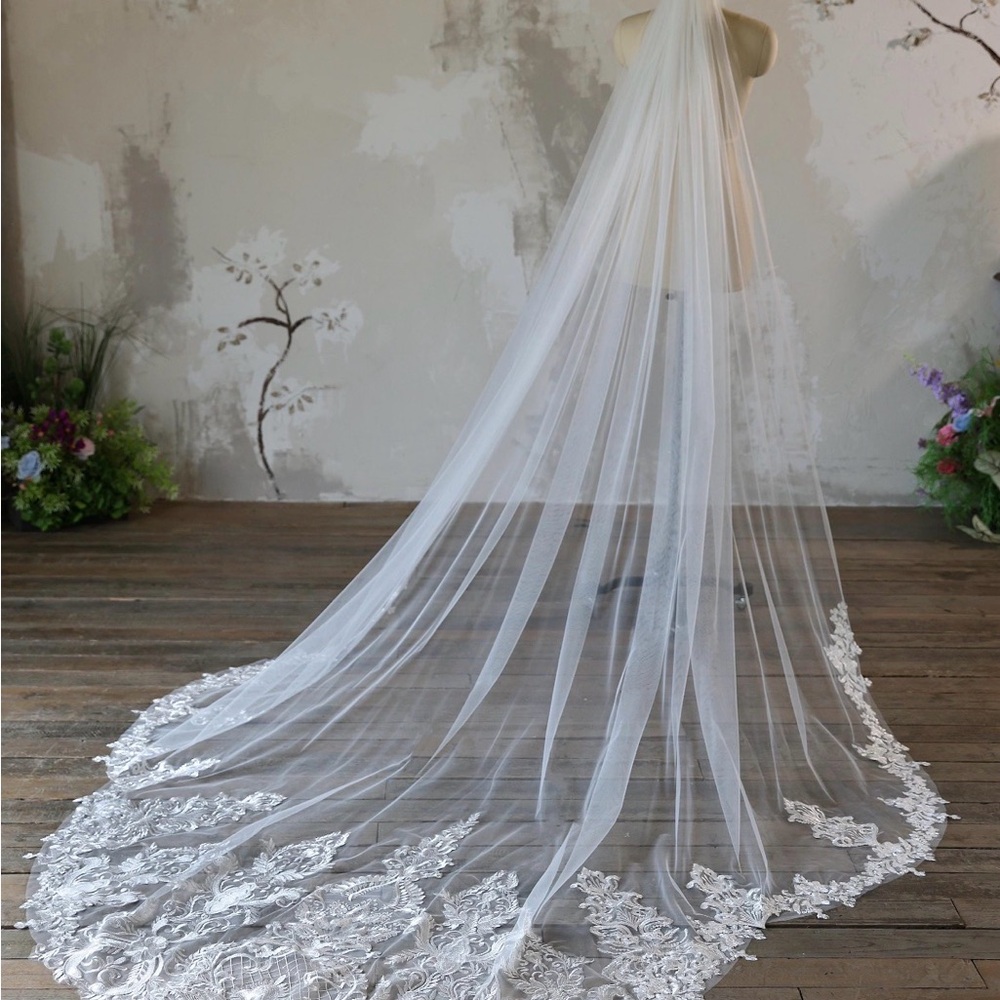 Bridal Cathedral Veil with Lace Edge - White, Royal Length